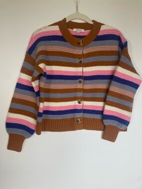 Madewell Striped Button-Front Cardigan in Brown, Pink & Blue